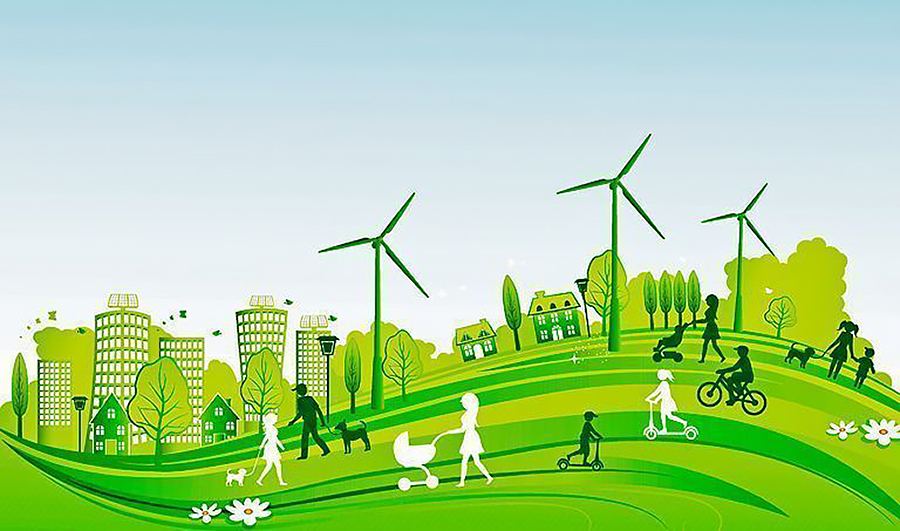 Piirroskuva kaupunkinäkymästä, jossa tuulimyllyjä ja ihmisia