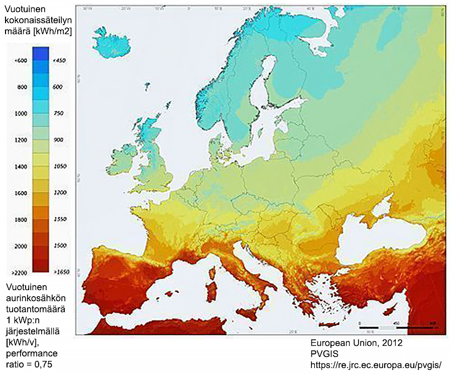 Vuotuinen aurinkosähkön tuotantomäärä Euroopassa 1kWp järjestelmällä