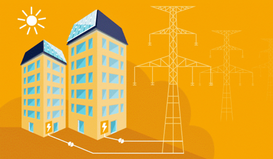 Energiayhteisöt – kuvituskuva jossa kaksi kerrotaloa voimalinja ja aurinko