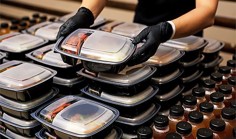 Muovisten ruoka-annosrasioiden asettelua myyntipisteessä