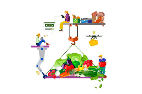 Piirrokuvassa vihanneksia, muita elintarvikkeita ja ihmisiä nosturissa