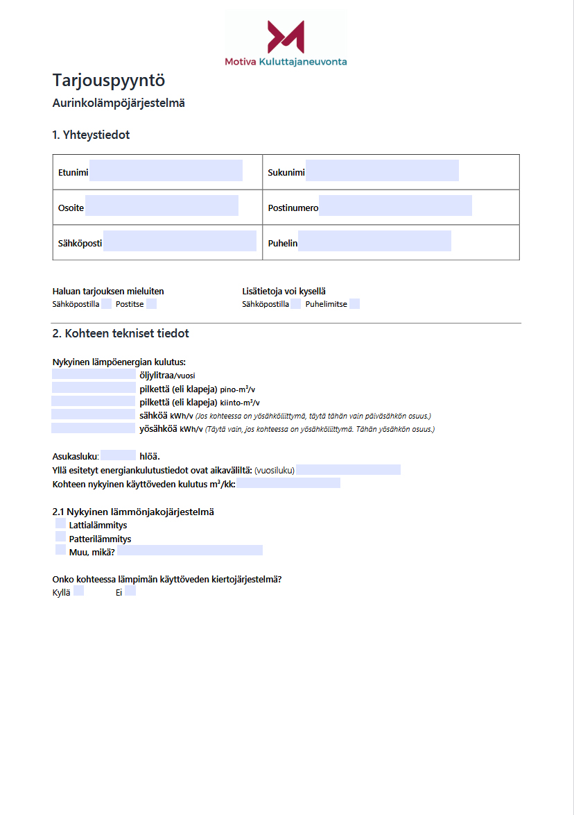 Tarjouspyyntölomake Aurinkolämpöjärjestelmä