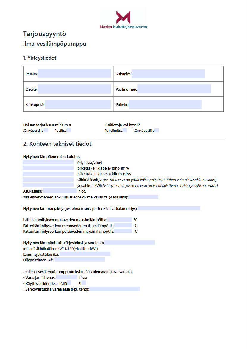 Tarjouspyyntölomake Ilma-vesilämpöpumppu
