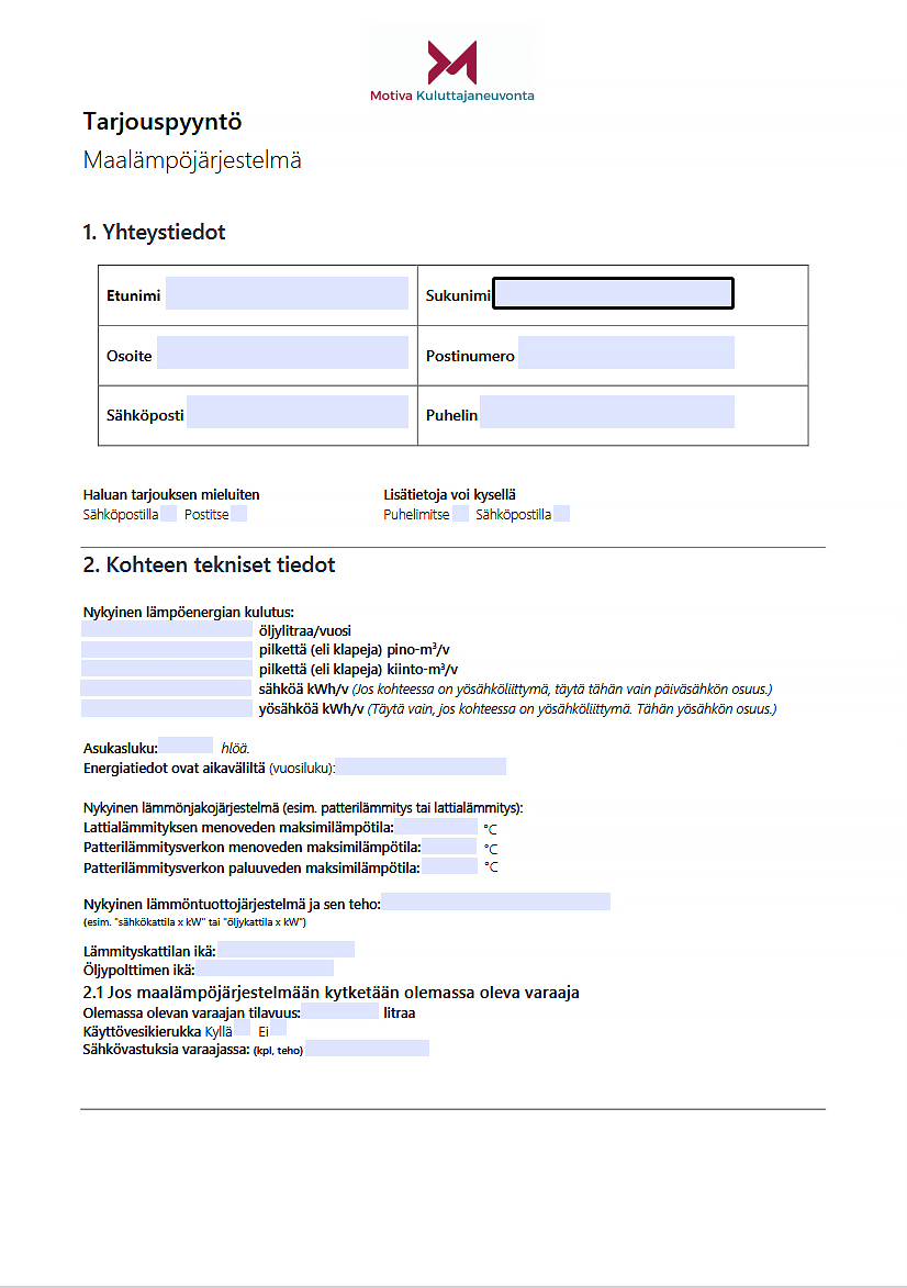 Tarjouspyyntölomake Maalämpöjärjestelmä