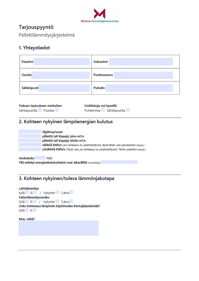 Tarjouspyyntölomake Pellettijärjestelmä