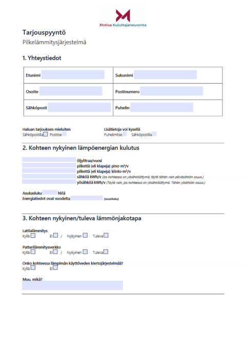 Tarjouspyyntölomake Pilkelämmitysjärjestelmä