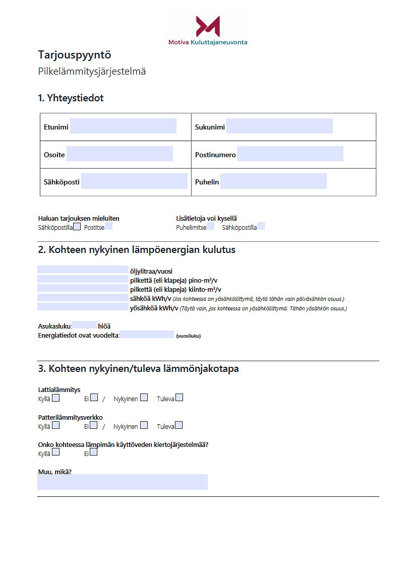 Tarjouspyyntölomake Pilkelämmitysjärjestelmä