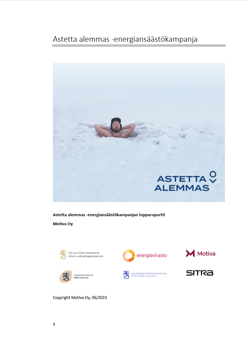 Astetta alemmas -energiansäästökampanjan loppuraportin kansi